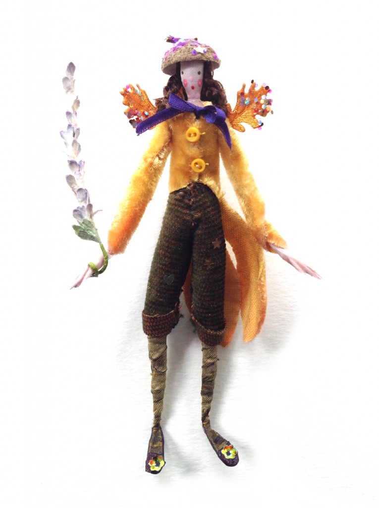 SWEET WILLIAM A 12cm high fairy in a velvet tail coat , a fine silk ribbon neck tie, glittered wings and acorn cup hat, fine cord breeches and carrying a paper lavender wand. Sweet William's stockings are Nettle hand dyed silk. He comes in a 15cm long wooden box decorated with pressed flowers from my garden. £40 plus £3.50 postage.