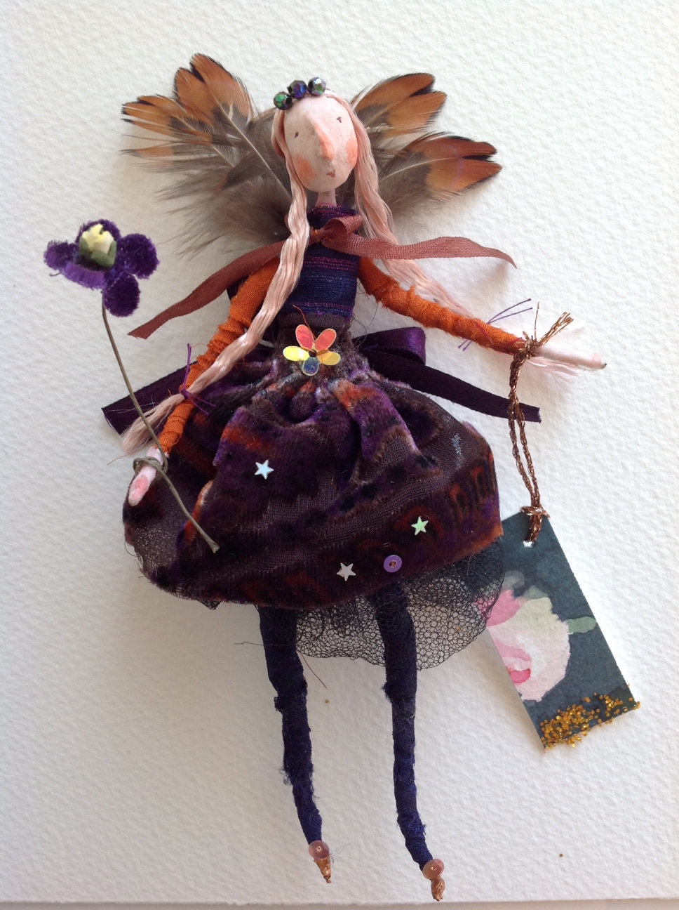 MISS VELVET A 14cm fairy dresse in silk tulle and velvet. She has pheasant feather wings and a hand painted name tag. £ 25 plus p&p.
