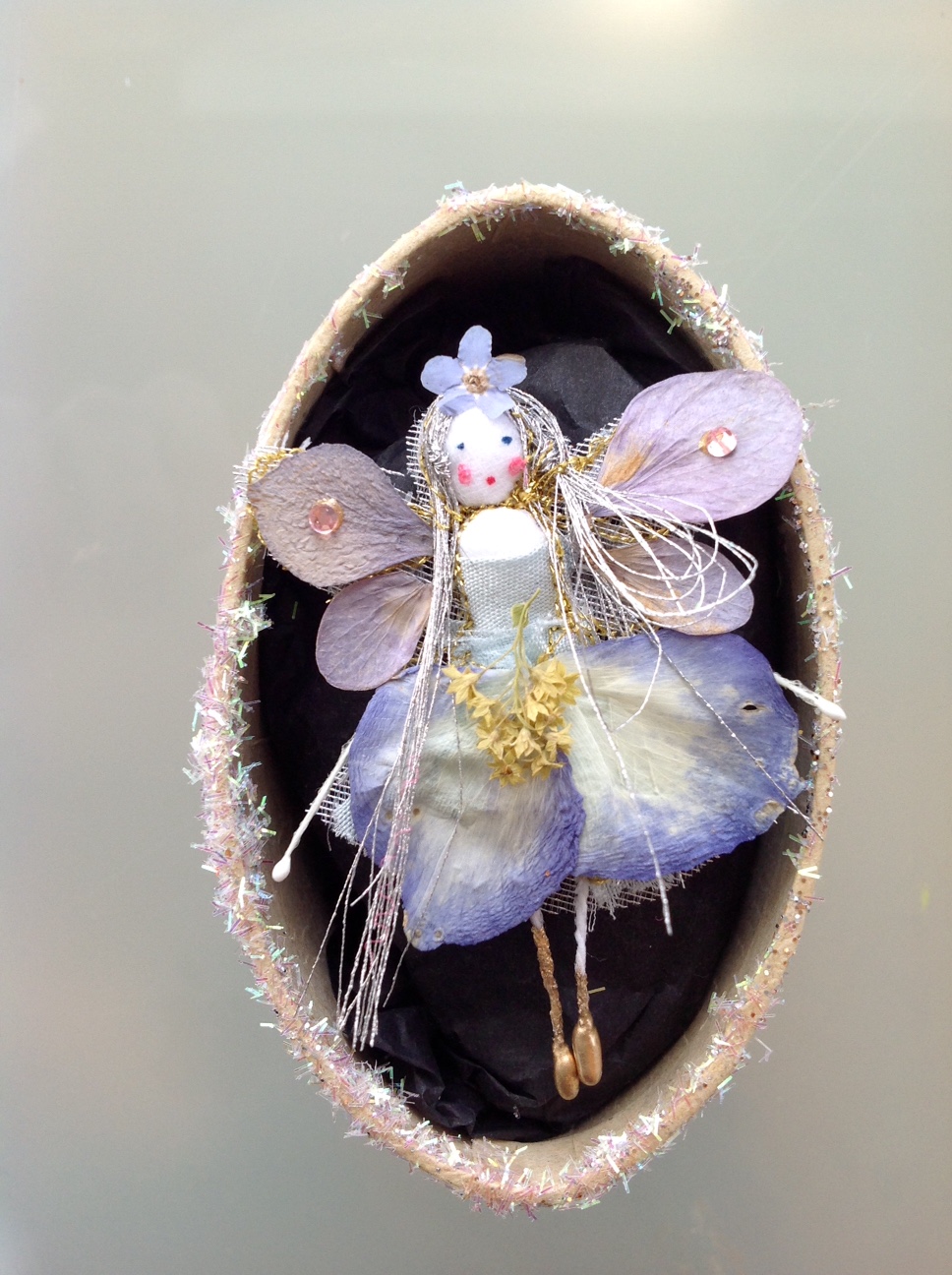FORGET ME NOT A 6 cm fairy in a box with her name in the lid. Dressed in pansy, hydrangea and forget me not petals. £12 plus £ 3.50 p&p.