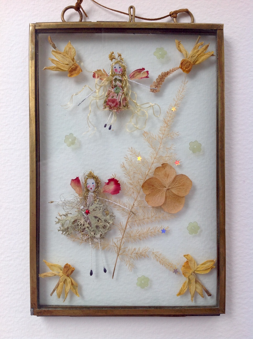 10x15cm brass framed fairies. Lichen, narcissus,hydrangea,pinks and fern . £25 plus £3 p&p