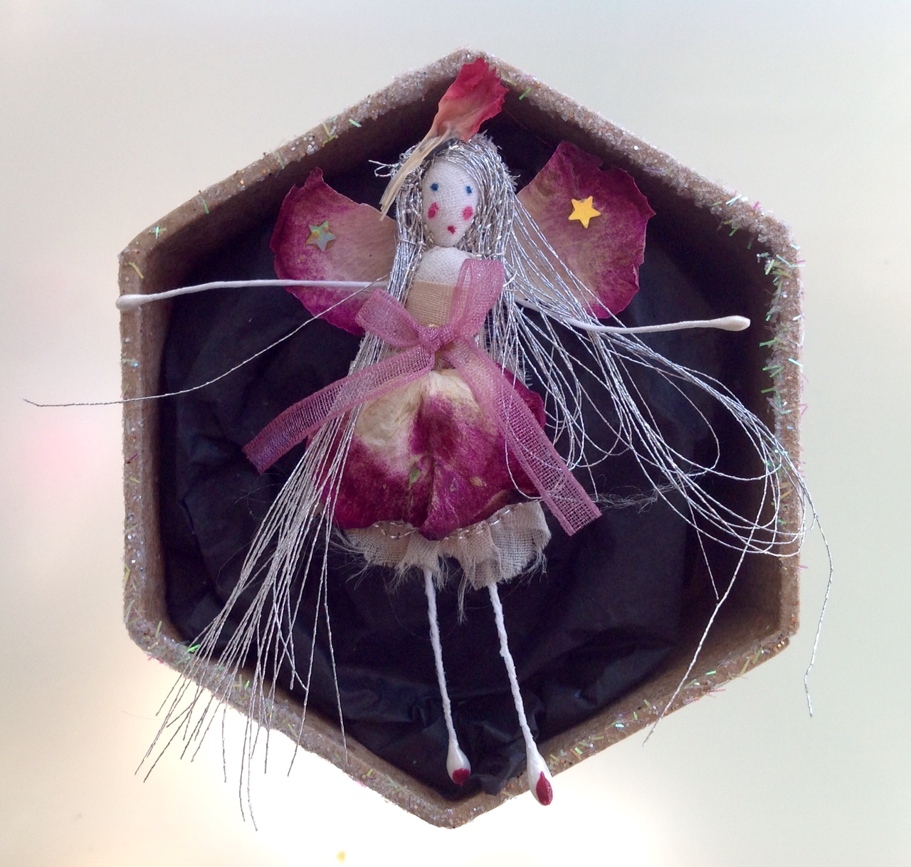 A 6cm fairy in a box with her name in the lid. Dressed in dried rose and pink petals. £12 plus £3.50 p&p