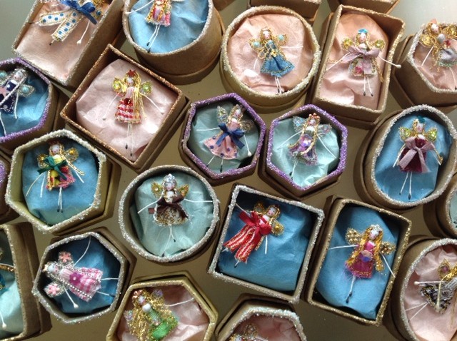 5 cm ( box size) embroidered fairies decorated with silk bows, sequins and jewels. Each fairy has her secret name in the lid. £8 plus £2 p&p