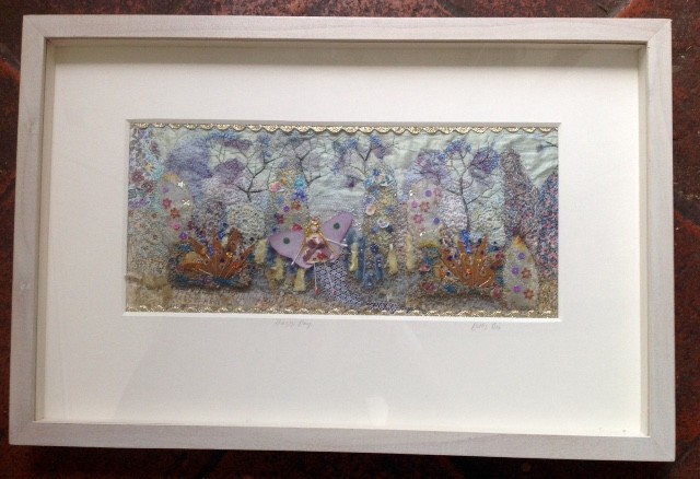A 35x20cm box framed machine and hand embroidery with hand dyed silk , appliqué, padding and embellished with sequins and twinkles. £95 including p&p.