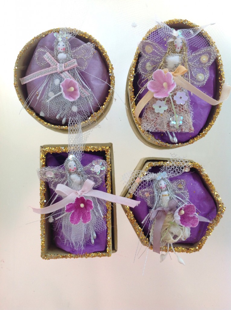 A selection of 6cm boxed fairy brides. Embroidered and embellished with sparkles and sequins and a place in the lid for the bride's name and date of wedding ( optional ). Commissions on request for particular flowers or colours. £12 each plus £3 p&p.