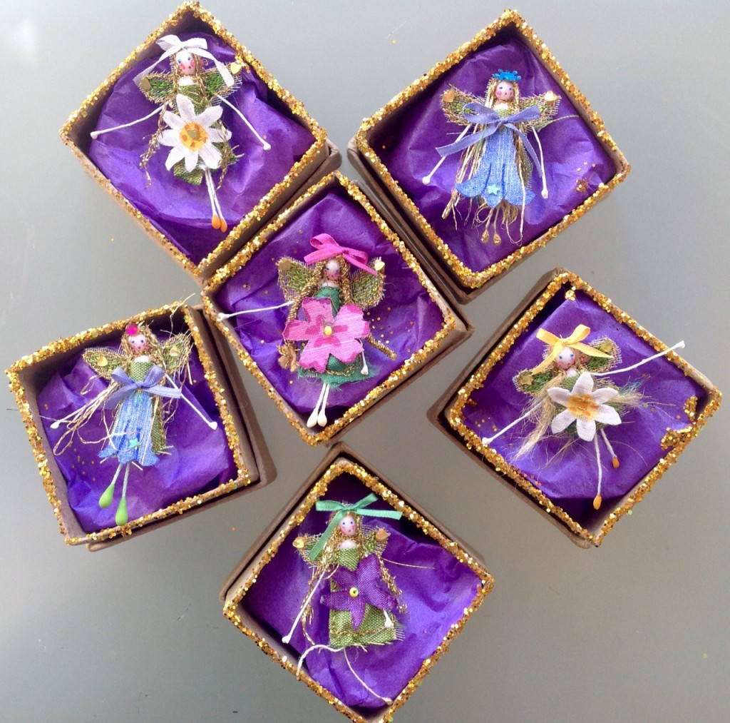 4 cm boxed fairies . A collection of Spring fairies , embroidered with a hand painted silk flower and fine silk ribbons. Embellished with sparkles and sequins. Each one has her name in the lid. £8 plus £3.50 p&p.