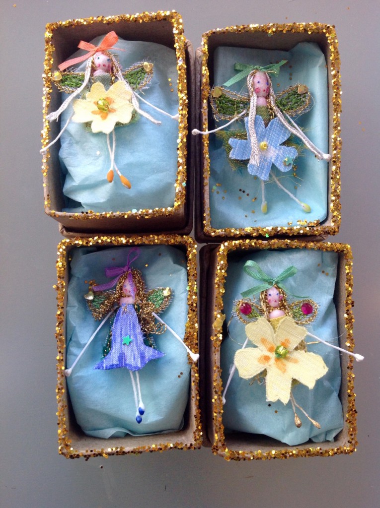 4cm boxed fairies , embroidered with a hand painted silk flower and fine silk ribbons.Embellished with sparkles and sequins. £8each plus £3.50 P&P.