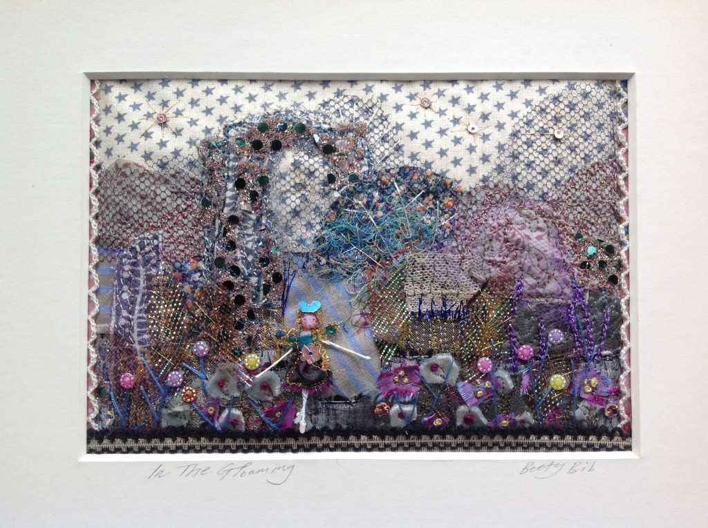 26.5X20cms mounted embroidery. machine and hand embroidery , padded and embellished with sequins and sparkles. £40 plus £4 UK postage.