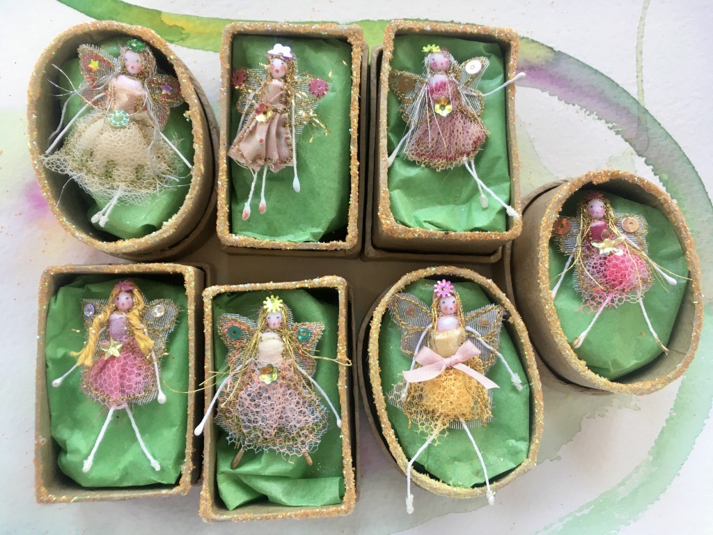 A 2 inch boxed fairy with her secret name in the lid . Embroidered cotton , net and tulle and embellished with sequins and sparkles. £12 including UK postage.
