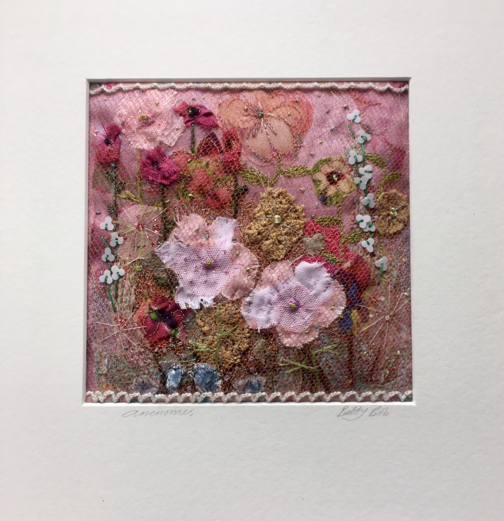 ANENOMES A 14cm square embroidery in a 24cm square mount. Machine and hand embroidery , embellished with sequins and made up of velvets, cottons , silks, tulle and chiffon. The work is padded and stands proud of the mount.