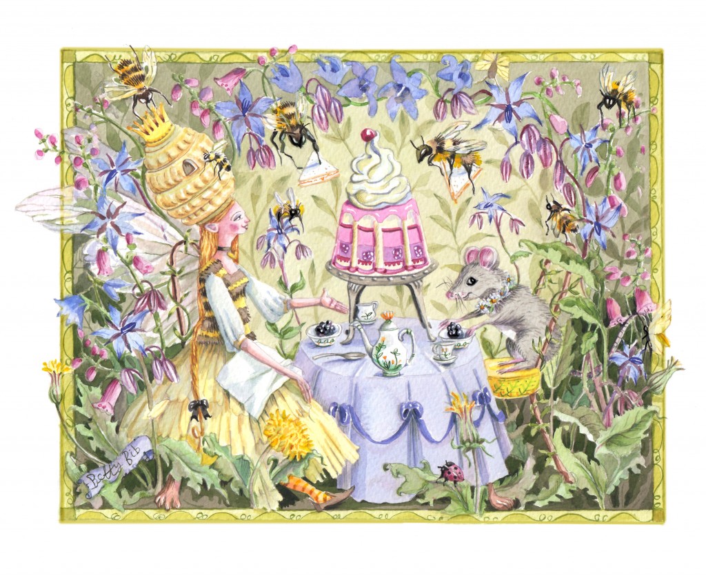 ROYAL JELLY TEA 10x12 inch Giclee print on german Etching paper with archival inks . Limited Edition of 25. £60 including UK postage and packing ( £65 international ). Queen Bee shaving a Royal jelly tea.